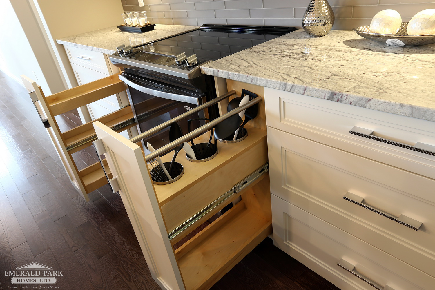 Emerald Park Homes Custom Designed New Holmes Approved Home Regina YQR kitchen special features organization pullout spice rack and utensil storage
